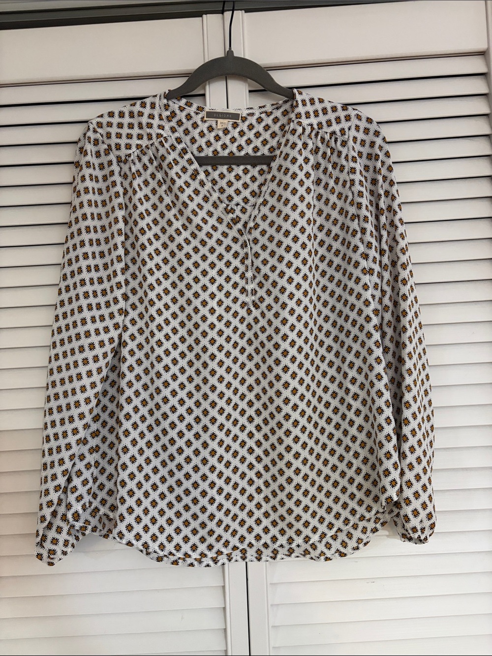 Pleione Printed V-Neck Long Sleeve Blouse - White, Mustard & Black - Small